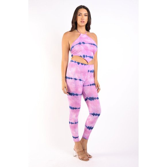 Women Tie Dye Printed Rib Halter Top and Matching Legging 2 piece Sets Sexy Cute - Picture 4 of 9